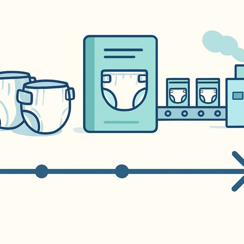 A clean modern illustration showing a fast product launch process for a diaper brand timeline moving forward product samples packaging design elements-2