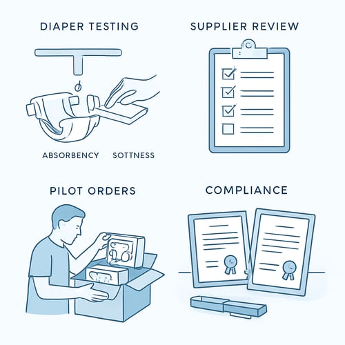 A professional clean illustration showing a new diaper brand evaluation process samples being tested for absorbency and softness a supplier review che