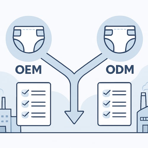 Create a clean modern illustration showing the concept of choosing between OEM and ODM manufacturing for diaper brands Use a professional business sty-1